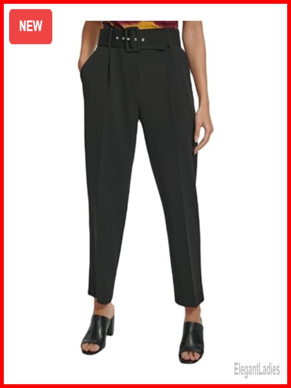Belted Ankle Trouser Pants Straight Leg Flat Front Work Slacks